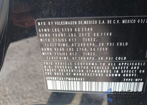 2023 Volkswagen Tiguan 2.0T S from USA, damaged, VIN 3VVRB7AX1PM088491
